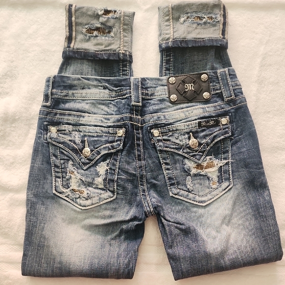 Miss Me Denim - Miss Me Distressed Signature Rise Cuffed Skinny Blue Jeans Size: 27